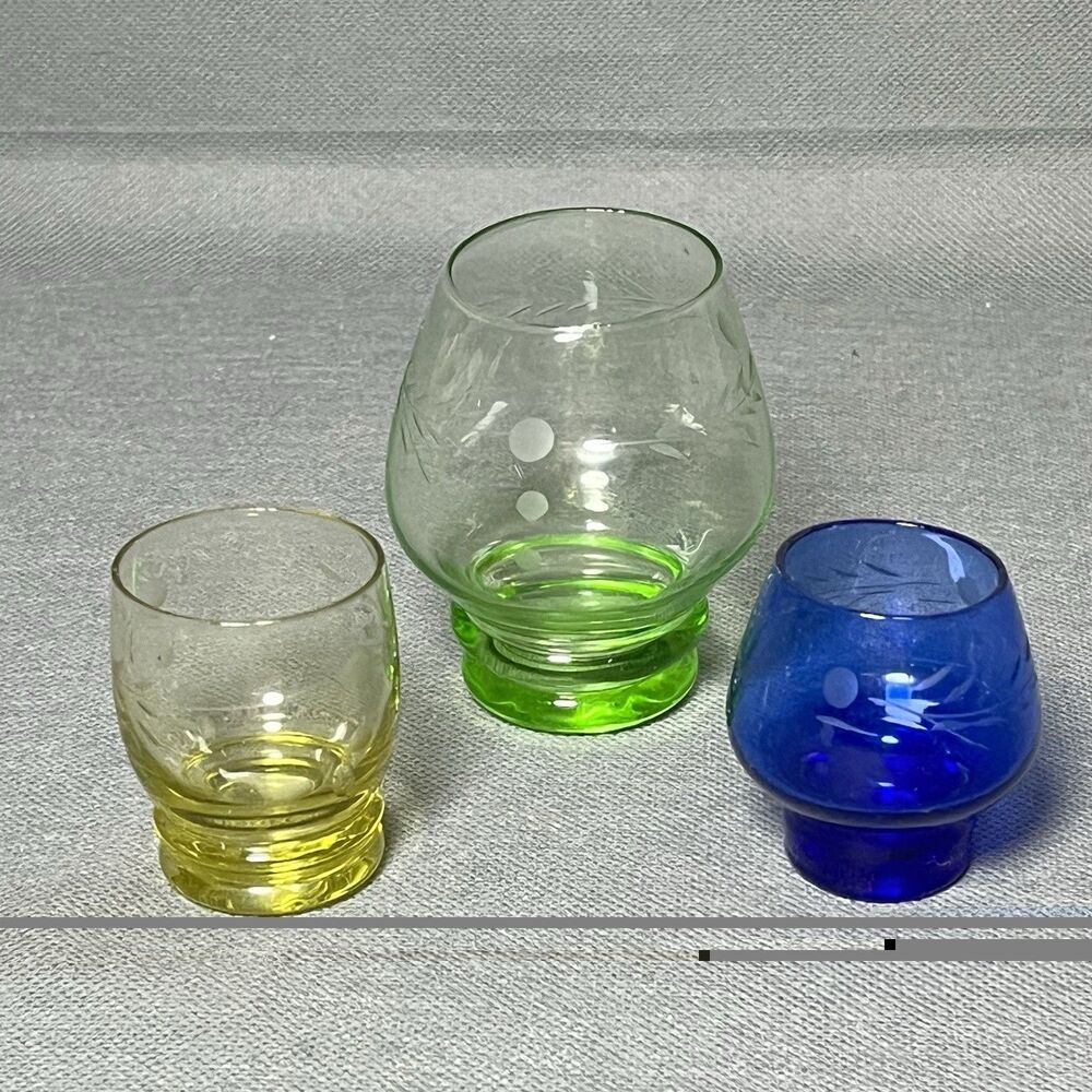 Vintage Lot 3 Pioneer Willow Moon Shot Schnapps Glass Etched Dot Pattern-MCM-UV